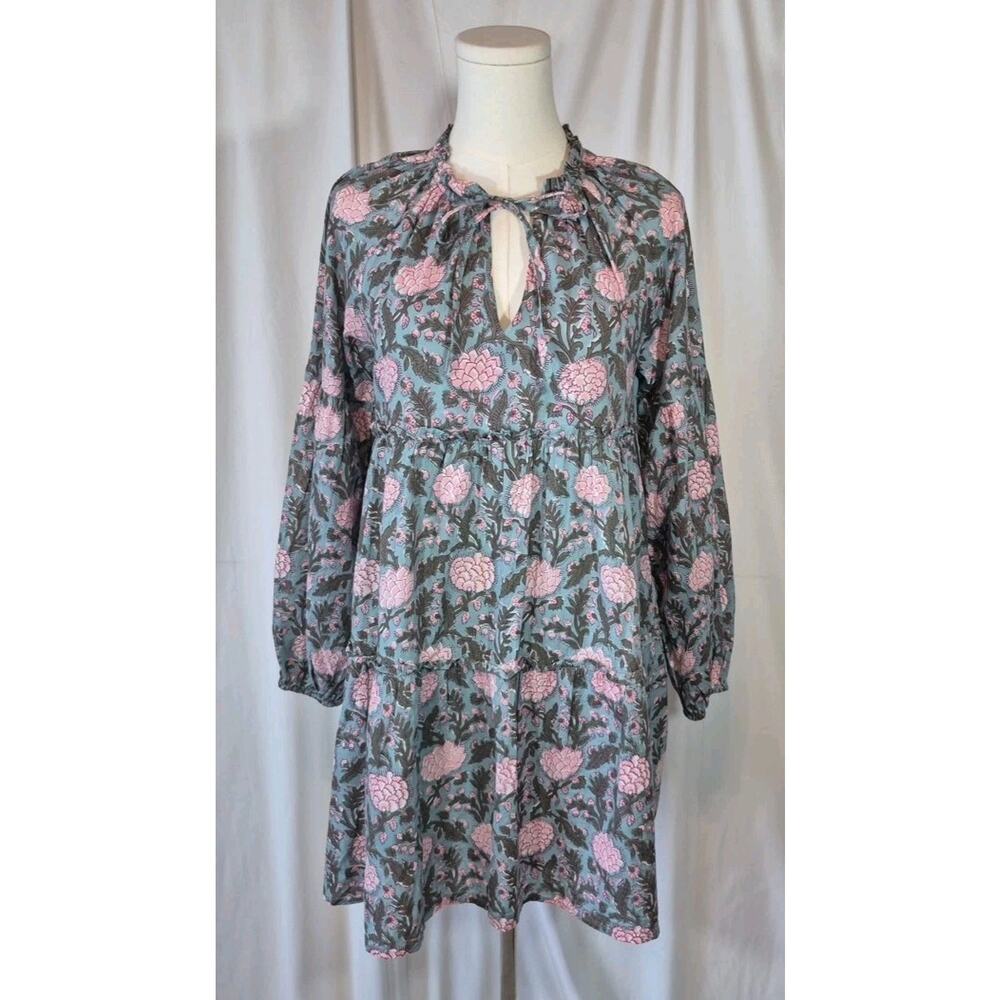 SLV Sur La Vague Cotton Pink Green Hand Blocked Floral Mini Dress OS XS S M L
